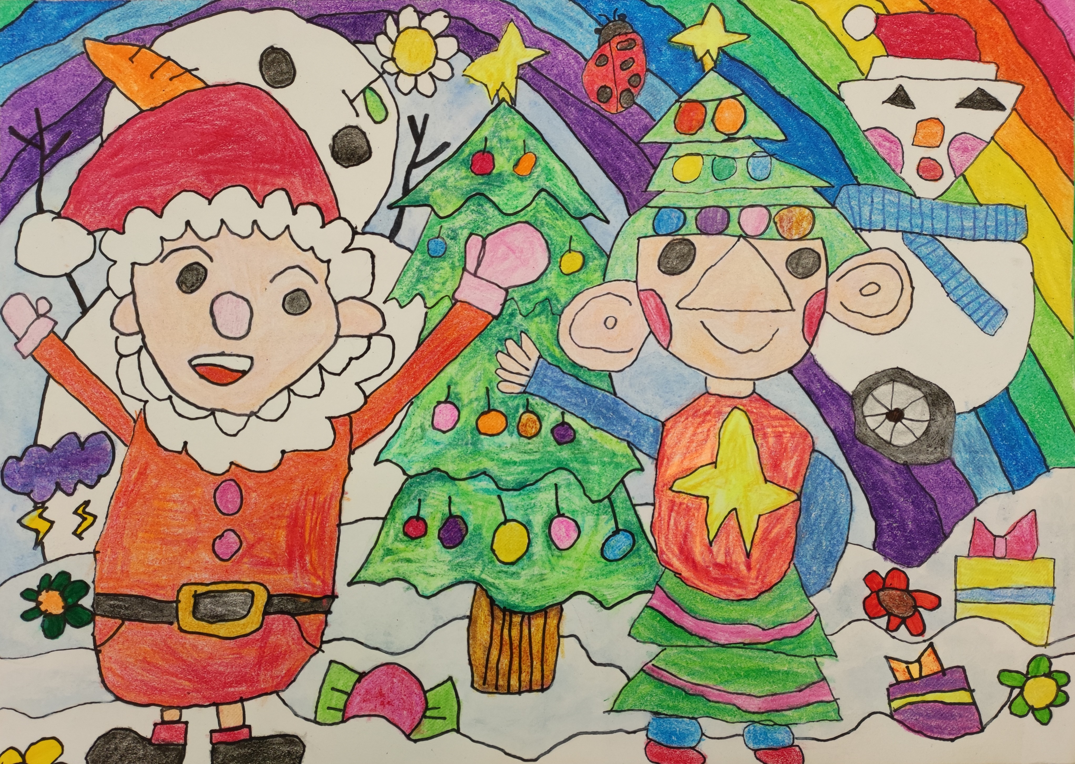 繽紛聖誕-幼稚園初級組(K1至K2)-季軍-馮鉦元<br />聖誕老人與聖誕樹造型的小精靈快樂地慶祝聖誕節，還有特別造型的雪人，造型有創意，色彩繽紛，繼續努力啊！