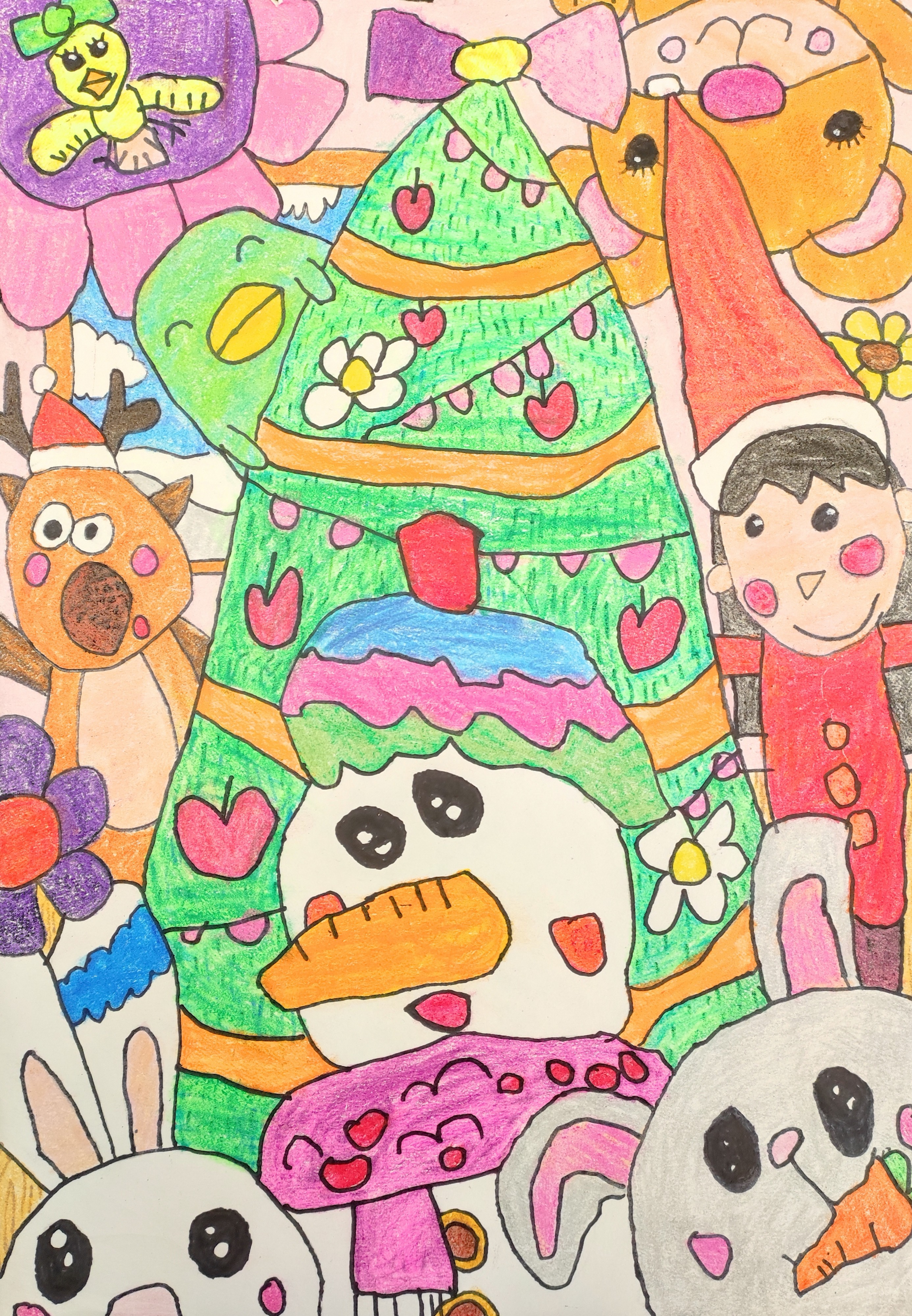 <div>繽紛聖誕-幼稚園高級組(K3)-冠軍-彭柏雅<br />充滿著快樂的聖誕氣氛！</div>
<div>畫面構圖、角色、色彩多元，透視處理亦相對複雜，作品水準非常優秀。</div>