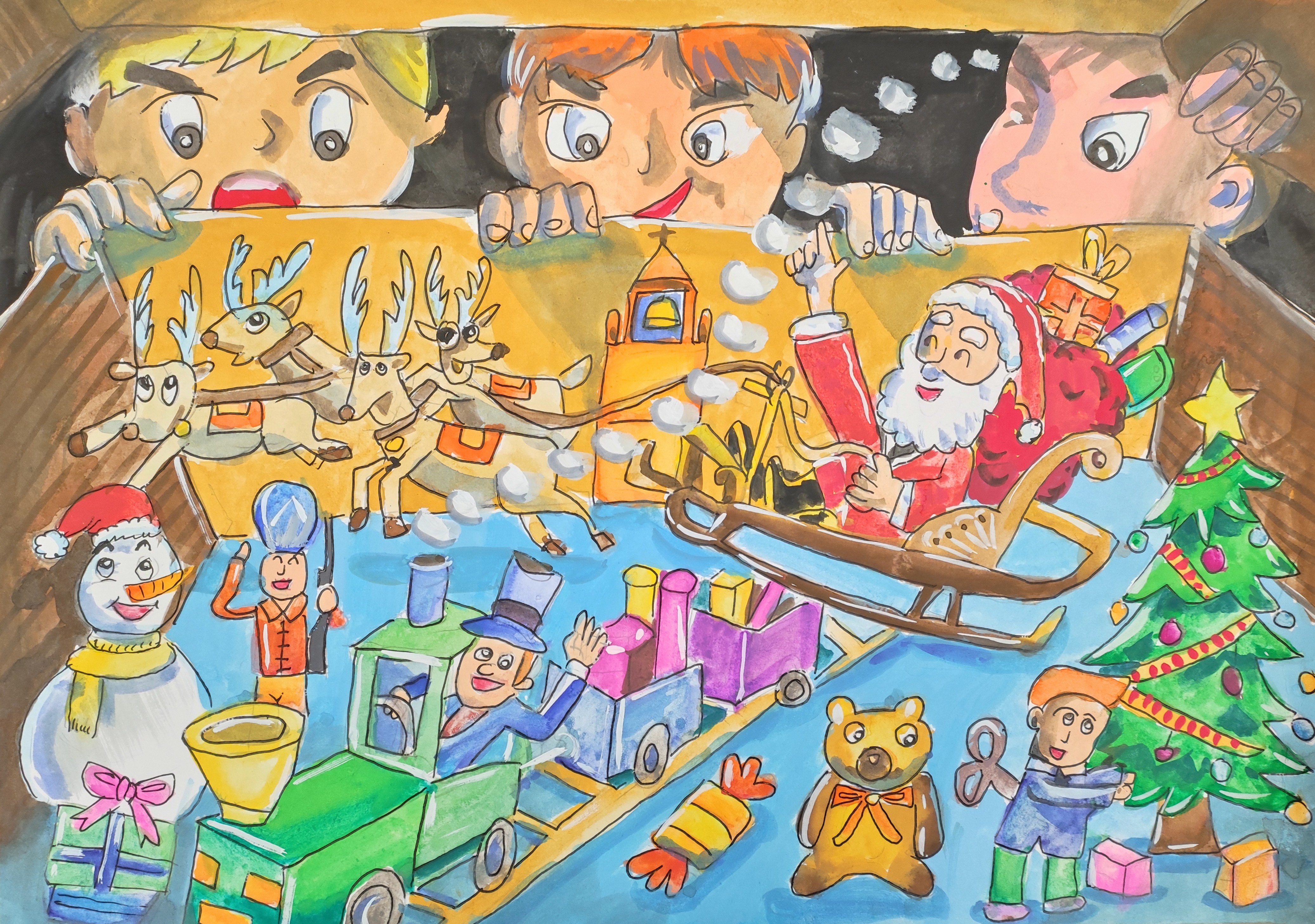 <div>繽紛聖誕-高小組-亞軍-陈韦心</div>
<div>非常有創意的畫面，小朋友們偷看了寶箱內一個奇幻聖誕畫面！</div>
<div>元素及色彩多元，讓觀看者目不暇給。</div>