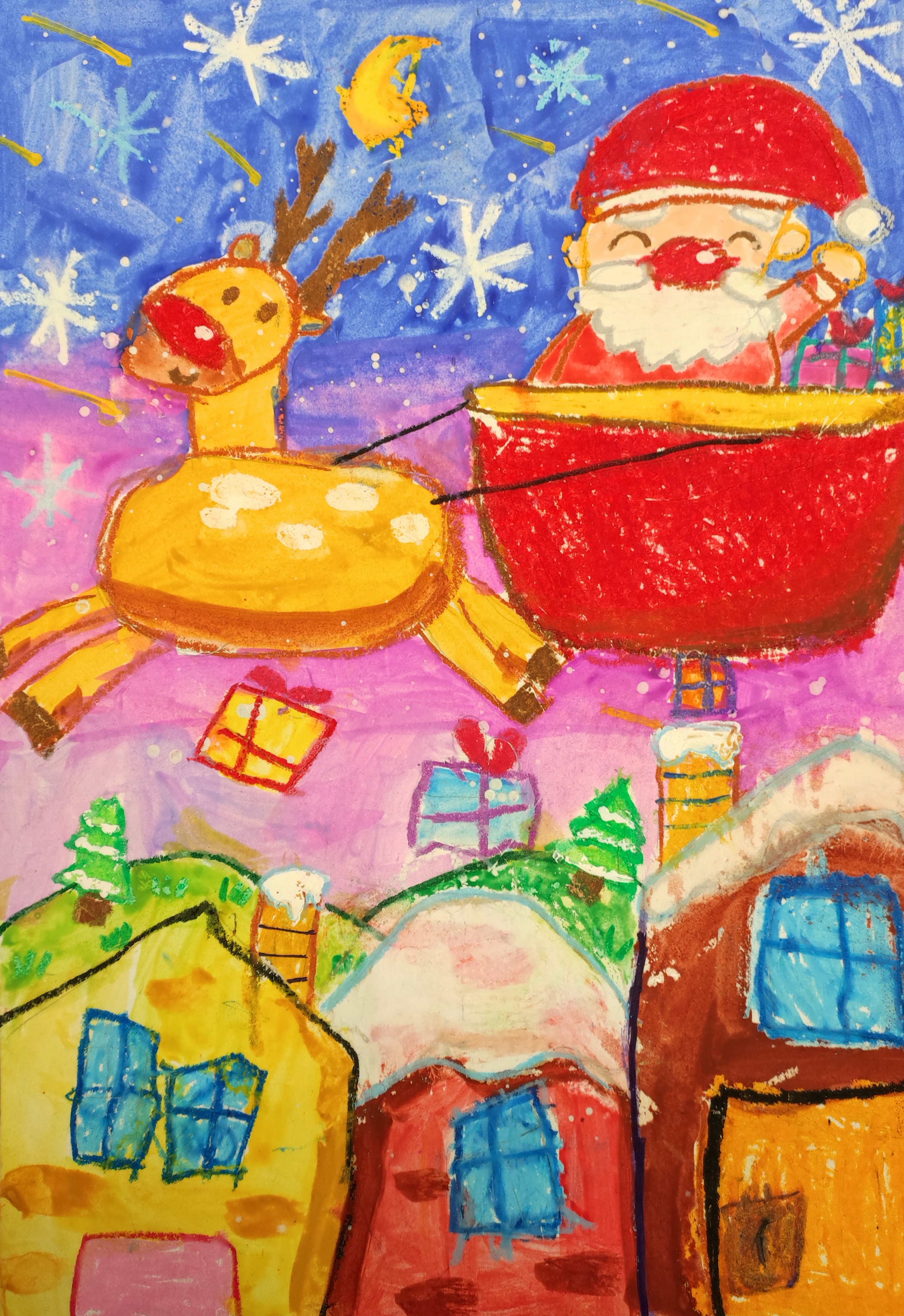 <div>冬季節日-幼稚園高級組(K3)-季軍-曾舜羲</div>
<div></div>
<div>完整度高、漂亮得可以用來製作聖誕咭的一幅作品，童稚可愛的筆觸配搭亮眼的底色，令人一眼就感受到熱鬧的聖誕氣氛。</div>